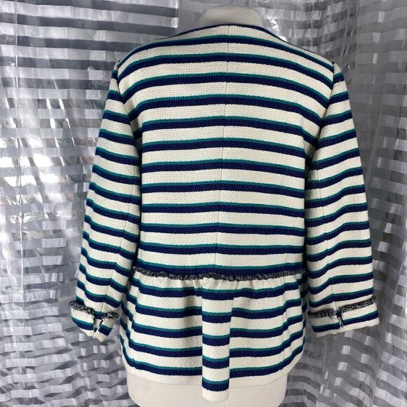 Talbots Cream/Teal/Navy Striped Fringe Adorned Jacket - Picture 3 of 6